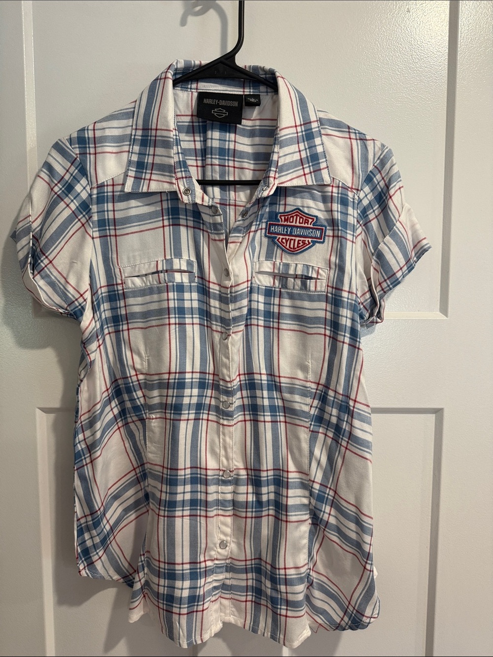 Harley-Davidson White, Blue & Red Plaid Short Sleeve Button-Up Shirt